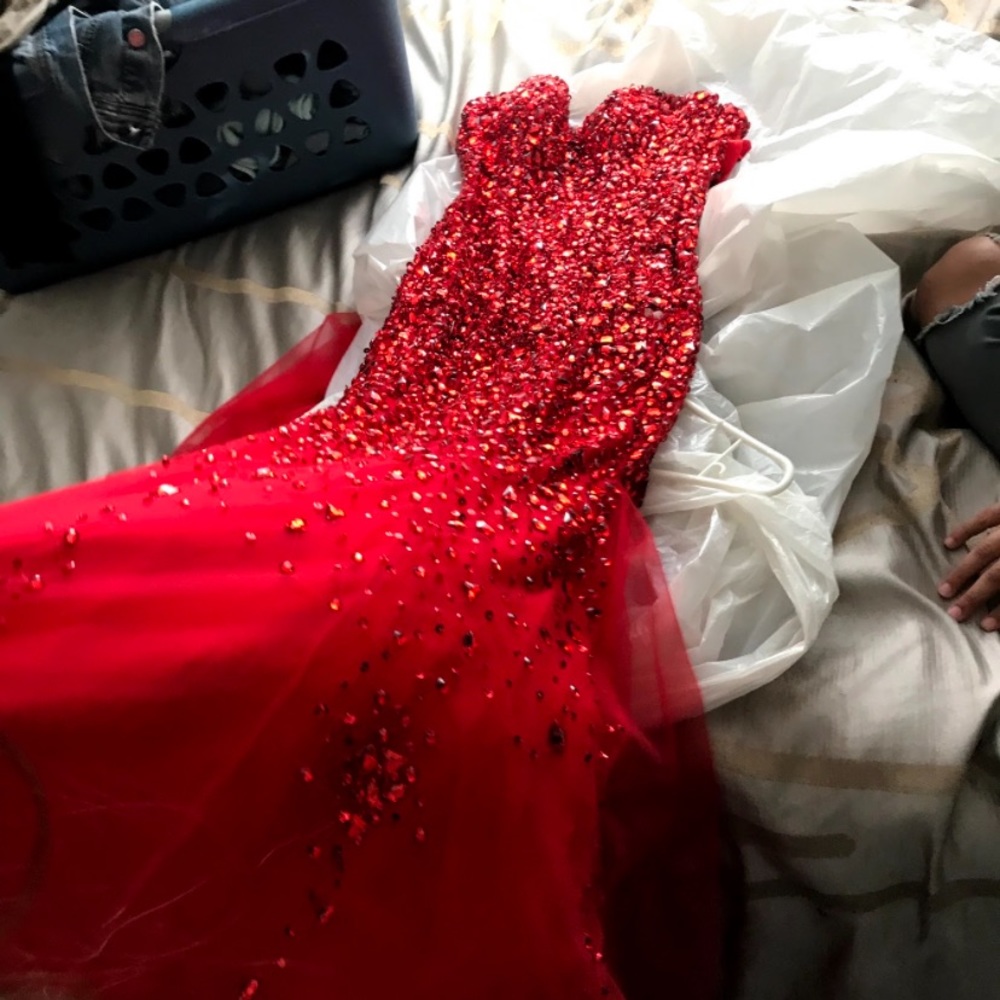 red bedazzled prom dress